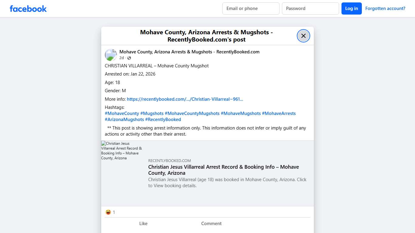 CHRISTIAN VILLARREAL – Mohave County Mugshot Arrested on: Jan 22, 2026 Age: 18 Gender: M More info: https://recentlybooked.com/AZ/Mohave/Christian-Villarreal~961_2600418 Hashtags: #MohaveCounty #Mugshots #MohaveCountyMugshots #MohaveMugshots #MohaveArrests #ArizonaMugshots #RecentlyBooked ** This post is showing arrest information only. This information does not infer or imply guilt of any actions or activity other than their... - Mohave County, Arizona Arrests & Mugshots - RecentlyBooked.com Fa